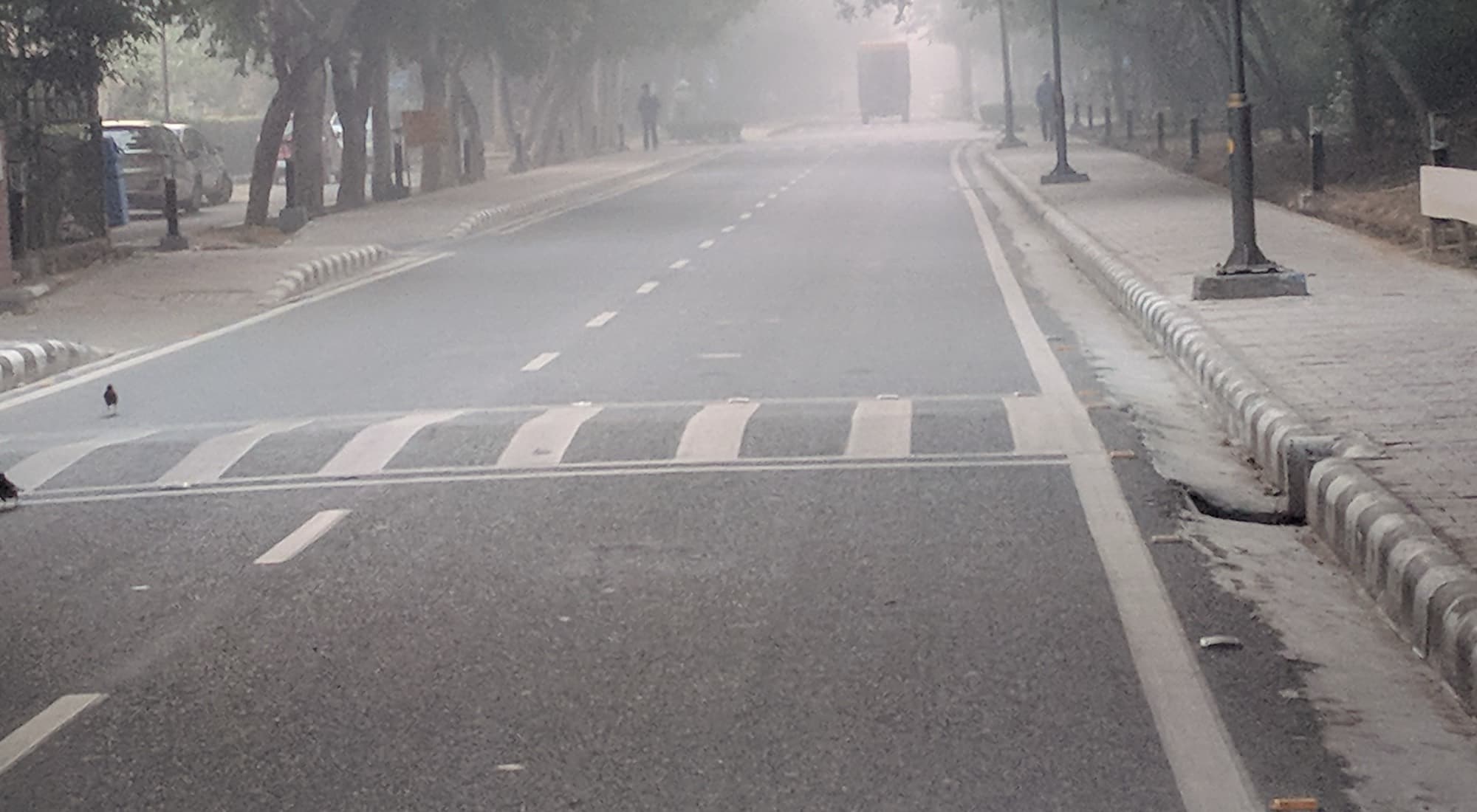 An empty road on a foggy winter morning in Delhi, with a bus faintly visible in the distance.